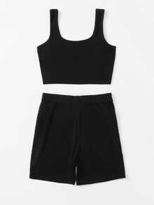 SHEIN Crop Tank Top & Cycling Shorts Set - Black - View 2
