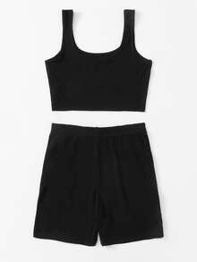 SHEIN Crop Tank Top & Cycling Shorts Set - Black - View 3