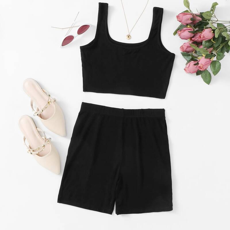 

Crop Tank Top & Biker Shorts Set, Black