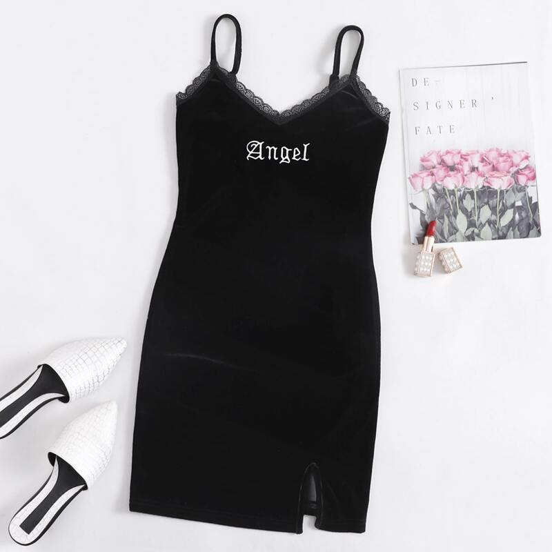 

Lace Trim Letter Embroidery Split Hem Velvet Slip Dress, Black