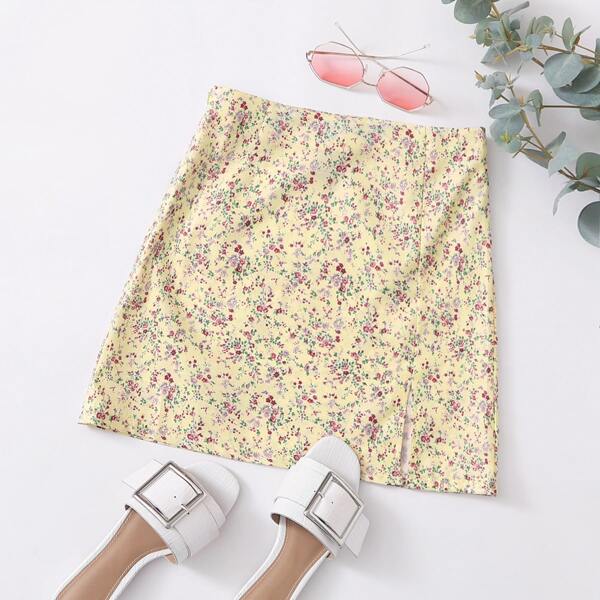 

Split Hem Ditsy Floral Skirt, Yellow