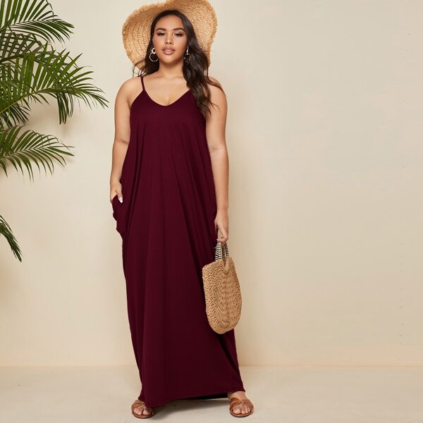 

Plus Slant Pocket Maxi Cami Dress, Burgundy