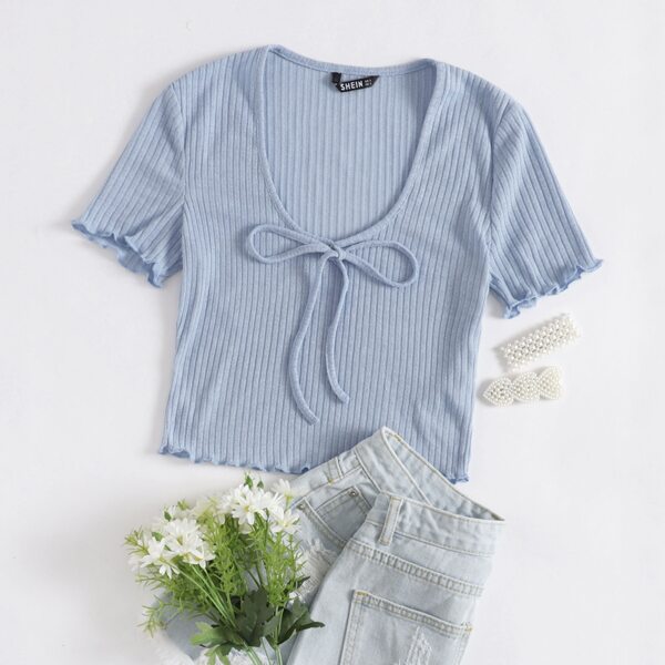 

Ribbed Self-Tie Lettuce-Edge Top, Baby blue