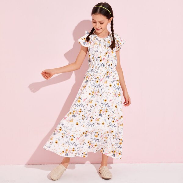 

Girls Frill Neck Bow Front Lace Trim Floral Dress, Multicolor