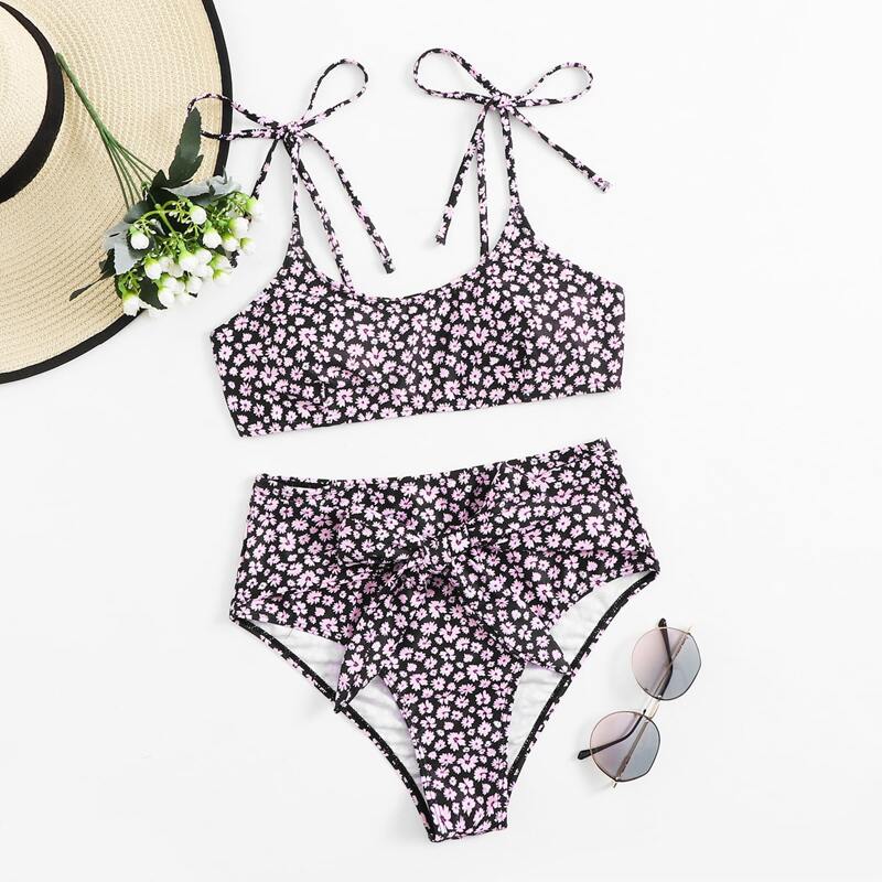 

Daisy Tie Strap High Waist Bikini Swimsuit, Multicolor