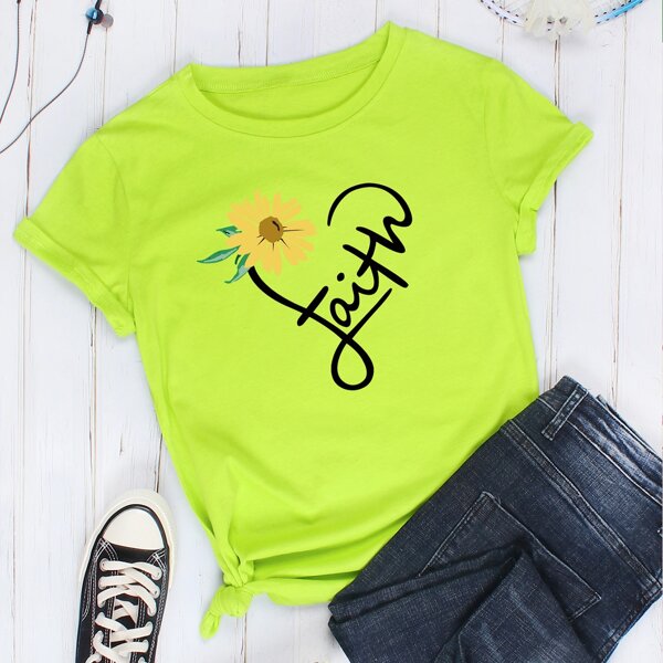 

Letter & Floral Print Round Neck T-shirt, Green neon