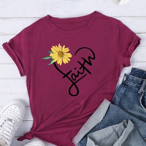 

Letter & Floral Print Round Neck T-shirt, Burgundy
