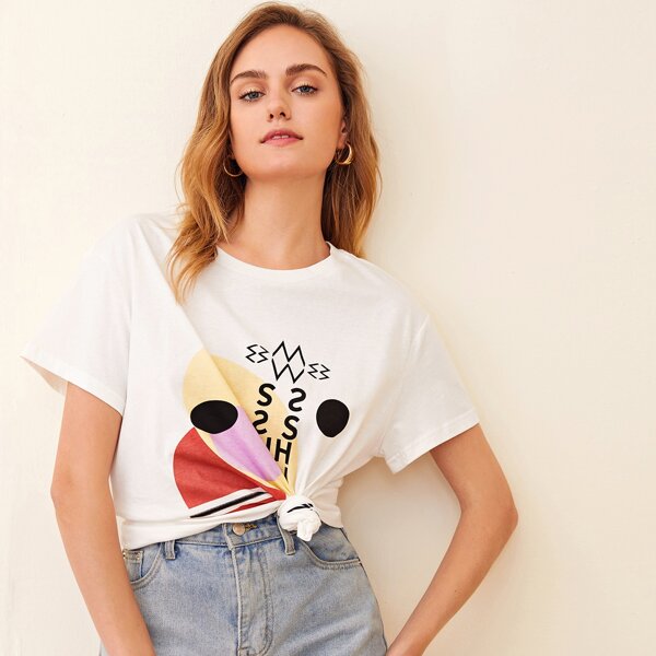 

Letter and Graphic Print Top, White