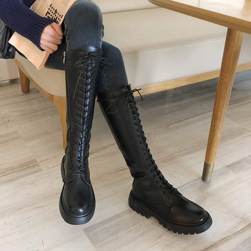 

Knee High Lace-up Combat Boots, Black