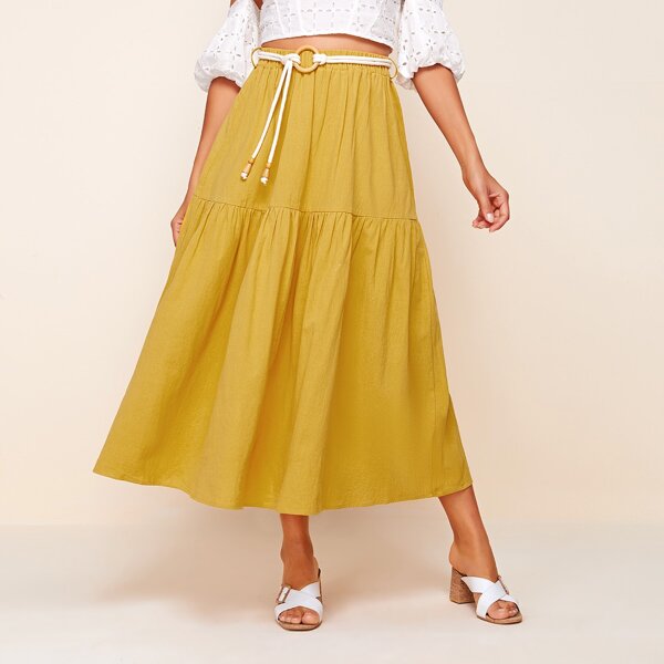 

Self Tie Elastic Waist Flared Skirt, Mustard yellow