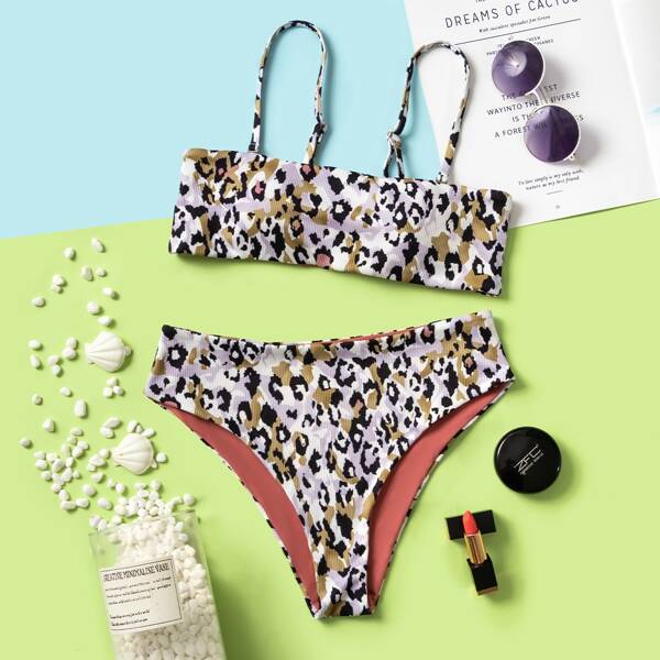

Leopard Print Rib Bikini Swimsuit, Multicolor