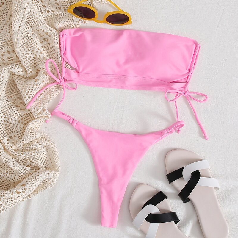 

Tie Side Bandeau Thong Bikini Swimsuit, Baby pink