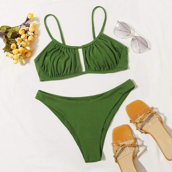 

Rib Ruched Bust Bikini Swimsuit, Army green