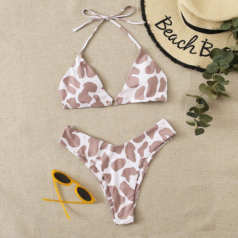 

Graphic Print Halter High Cut Bikini Swimsuit, Multicolor
