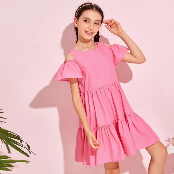 

Girls Cold Shoulder Split Bow Back Dress, Pink