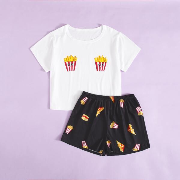 

Girls French Fries Print PJ Set, Black and white