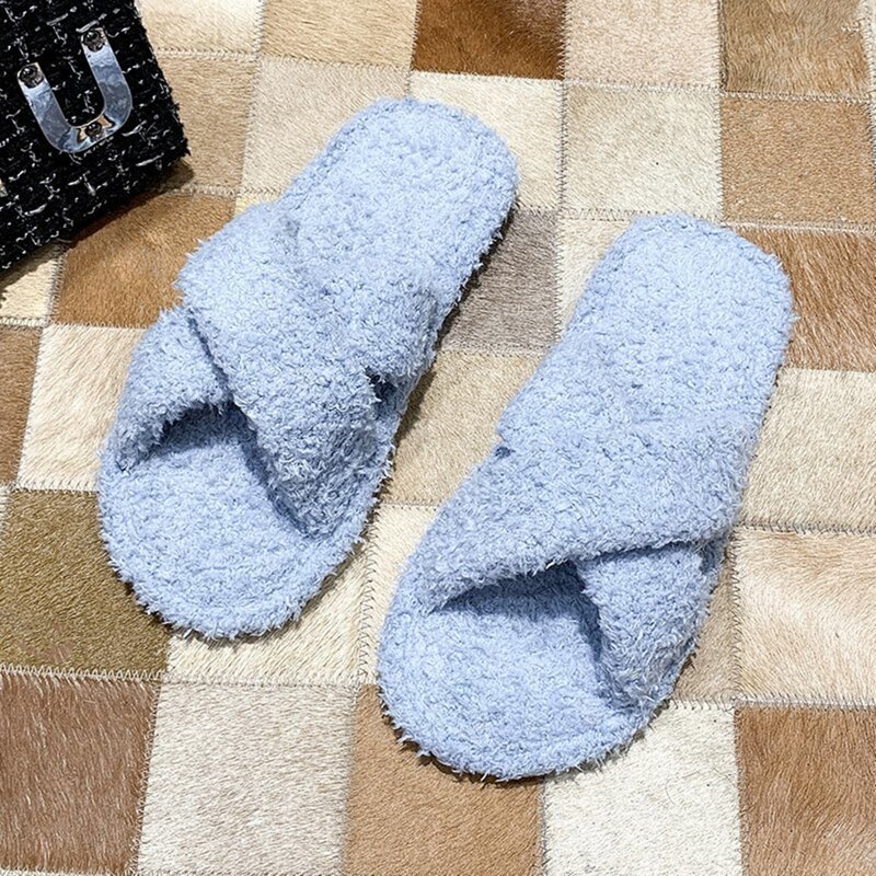 

Crisscross Strap Fluffy Slippers, Pastel dusty blue