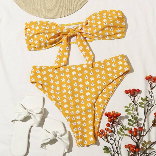 

Ditsy Floral Knot Front Bandeau Bikini Swimsuit, Yellow