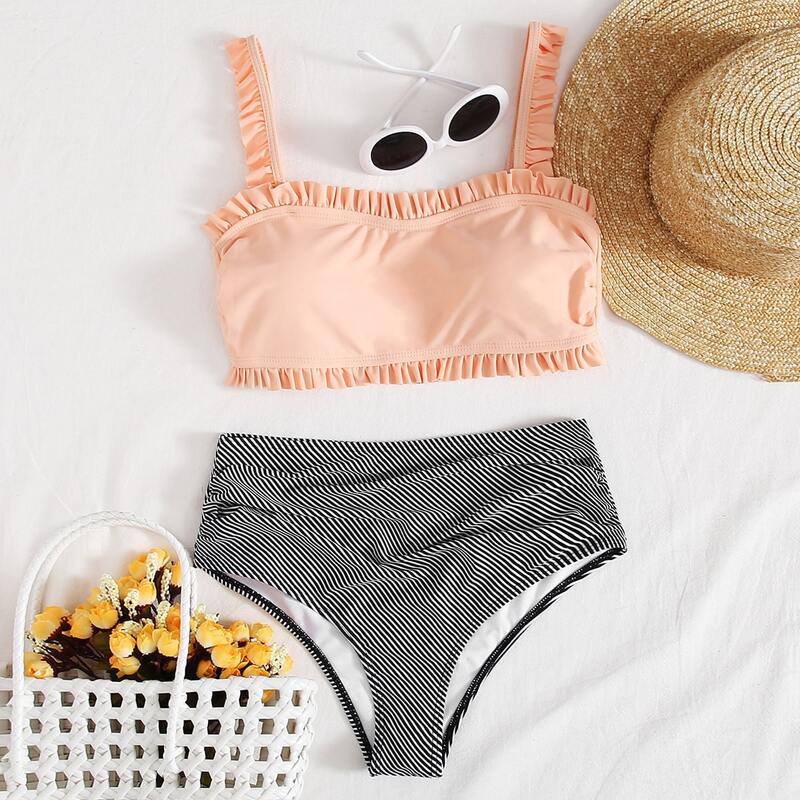 

Striped Frill Trim Bikini Swimsuit, Multicolor