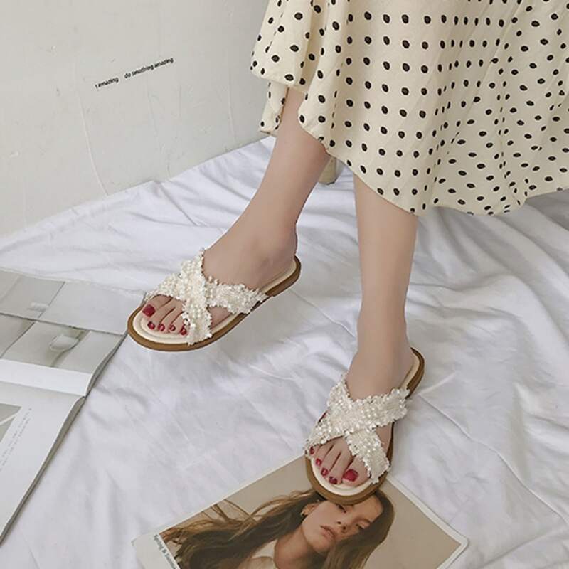 

Cross Tweed Strap Flat Sliders, Beige