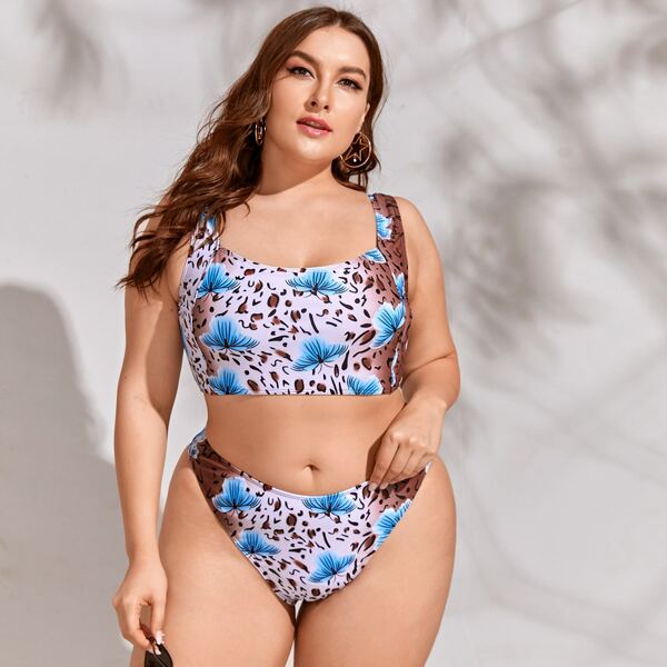 

Plus Graphic & Insect Print Bikini Swimsuit, Multicolor