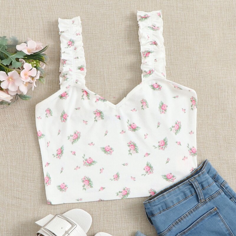 

Frill Strap Rib-knit Floral Top, White