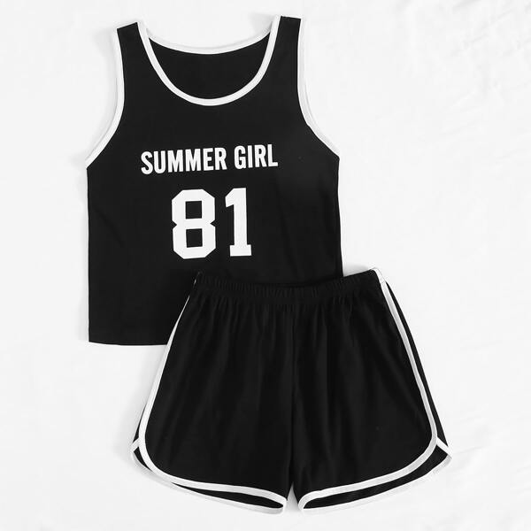 

Girls Letter Graphic Contrast Binding PJ Set, Black