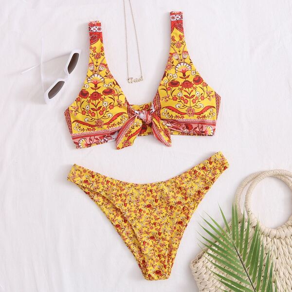 

Floral Knot Front Bikini Swimsuit, Yellow