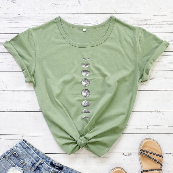

Moon Print Shorts Sleeve Tee, Army green