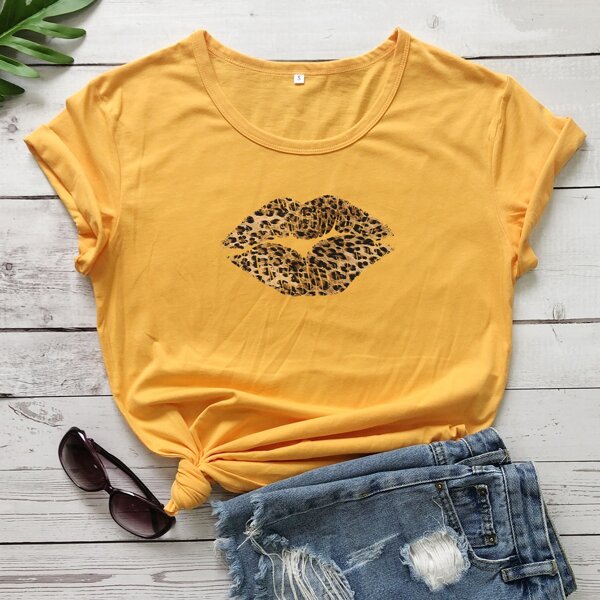

Leopard Mouth Print Tee, Mustard yellow