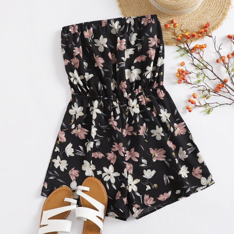 

Floral Print Tube Romper, Black