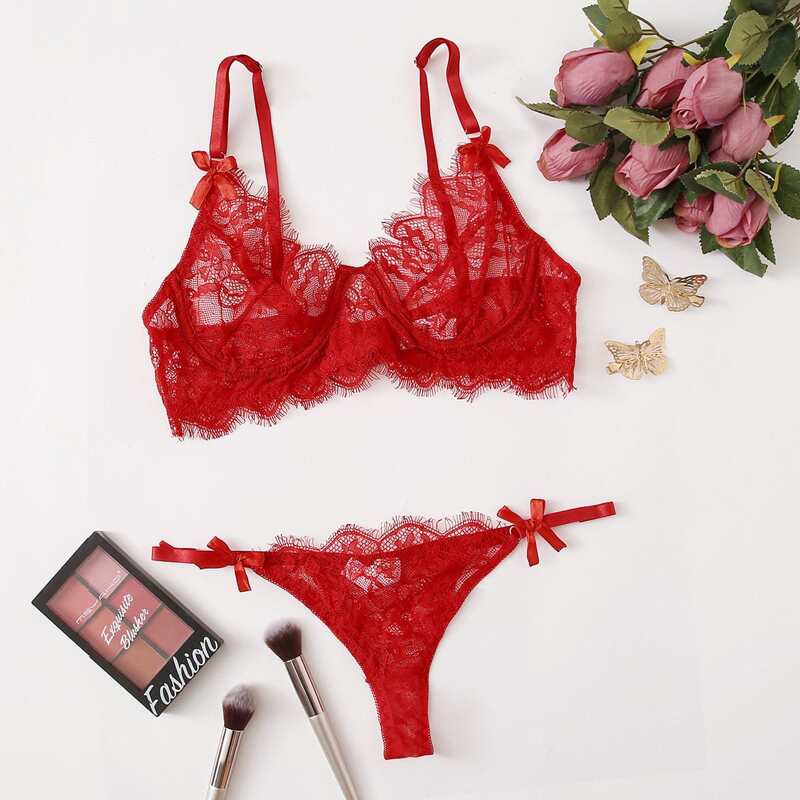

Floral Lace Underwire Lingerie Set, Red