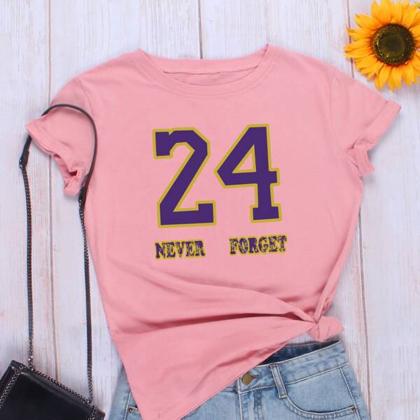 

Letter Graphic Round Neck T-Shirt, Dusty pink
