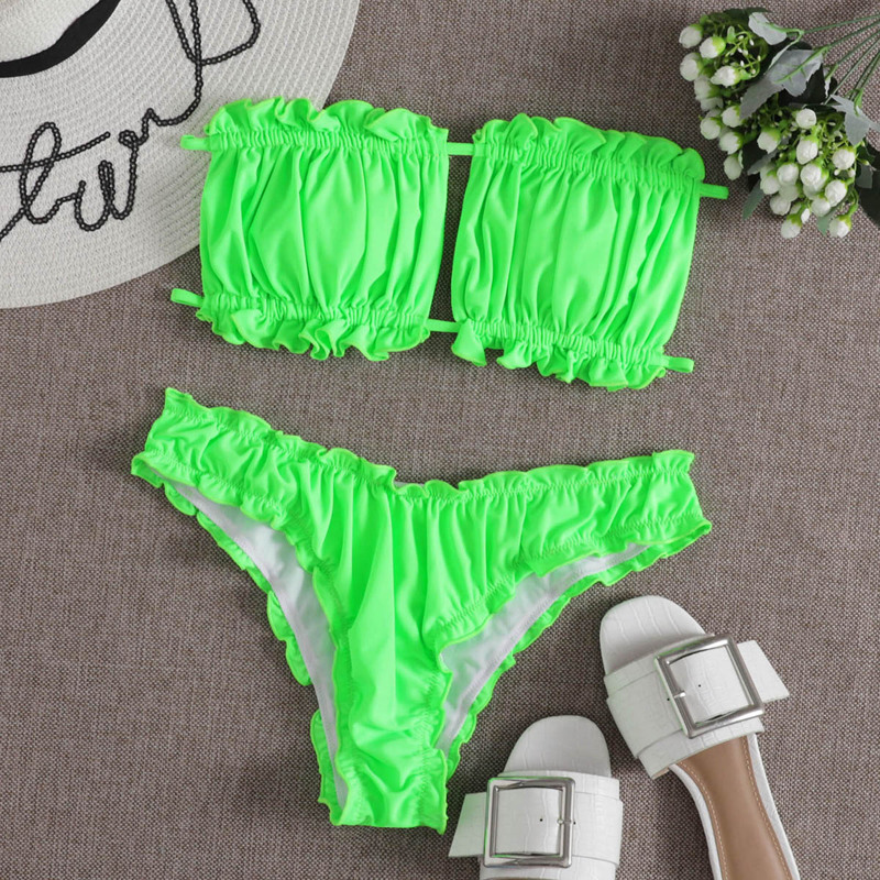 

Neon Green Ruched Frill Bandeau Bikini Swimsuit, Neon lime green