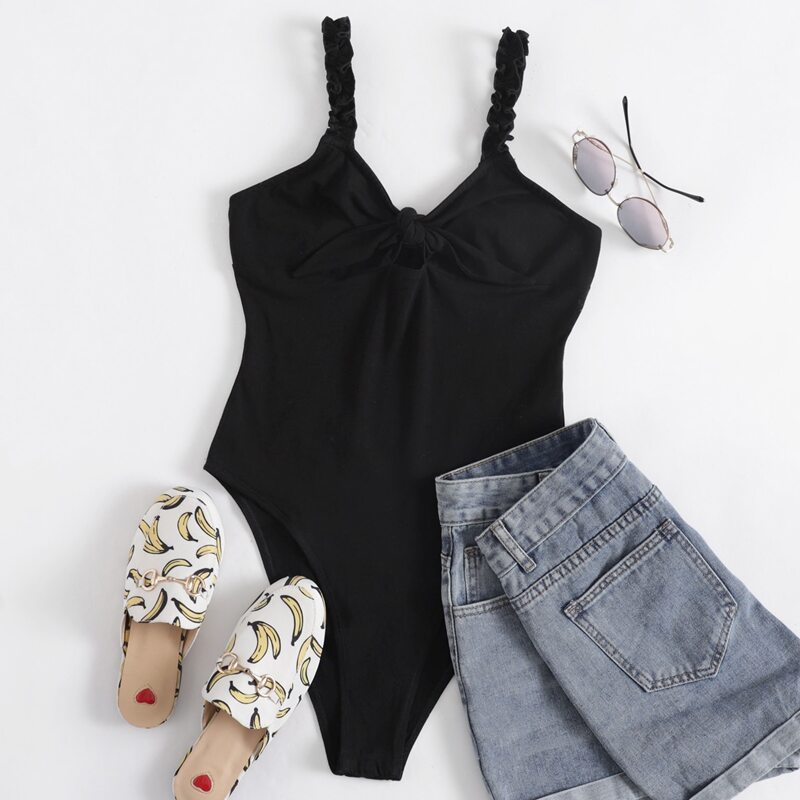 

Frill Strap Knot Front Bodysuit, Black