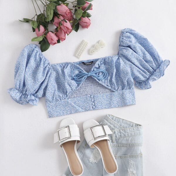 

Tie Front Peekaboo Shirred Back Button Detail Top, Pastel baby blue