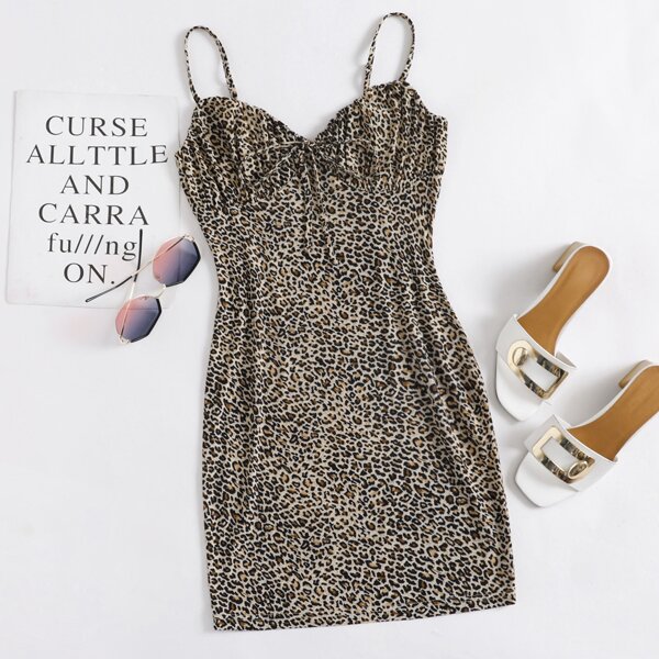 

Tie Front Ruched Bust Leopard Dress, Multicolor