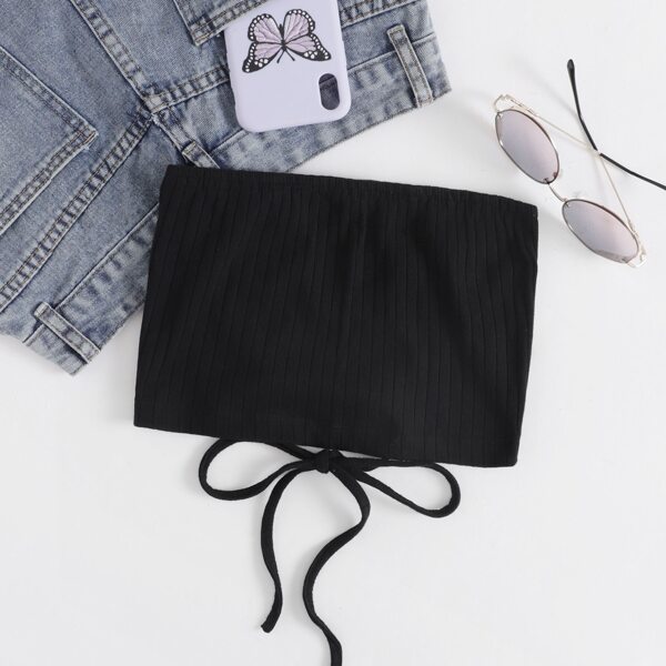 

Lace Up Back Rib-knit Bandeau Top, Black
