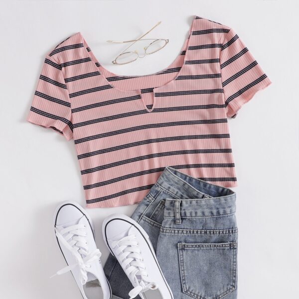 

Notch Neck Striped Tee, Dusty pink