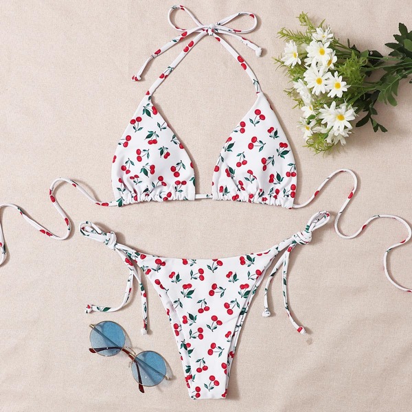 

Cherry Print Self-Tie Bikini Swimsuit, White