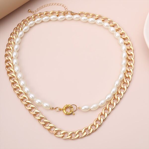 

2pcs Faux Pearl Beaded Necklace, Multicolor