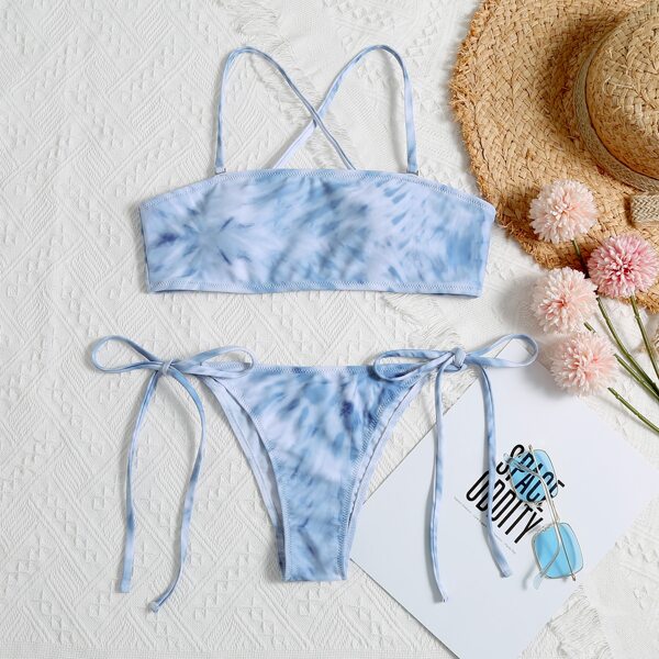 

Tie Dye Tie Side Bikini Swimsuit, Pastel dusty blue