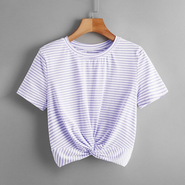 

Striped Twist Hem Round Neck Tee, Lilac purple