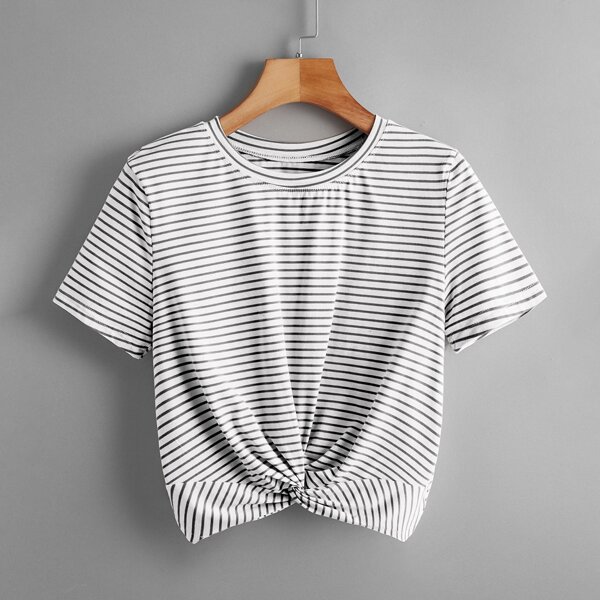 

Striped Twist Hem Round Neck Tee, Black and white