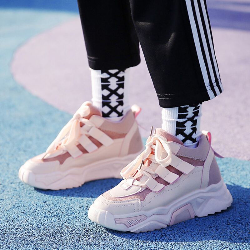 

Colorblock Lace-up Chunky Sneakers, Baby pink