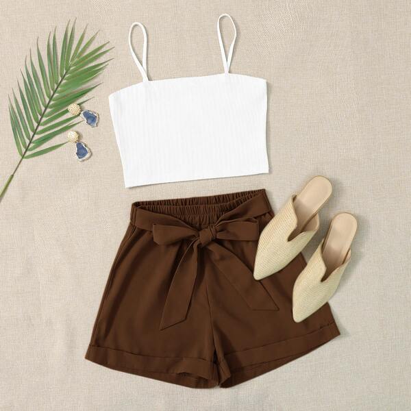 

Solid Crop Cami Top & Belted Shorts, Multicolor