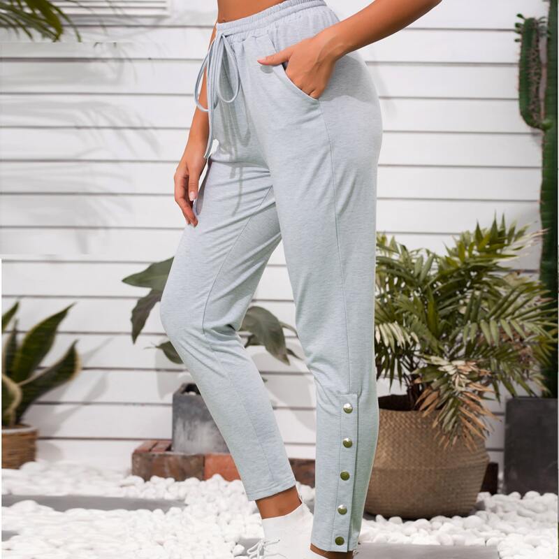 

Button Detail Hem Drawstring Waist Sweatpants, Light grey
