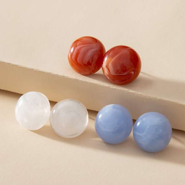 

3pairs Round Stud Earrings, Multicolor