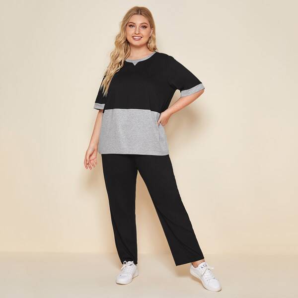

Plus Colorblock Tee With Straight Leg Pants, Black