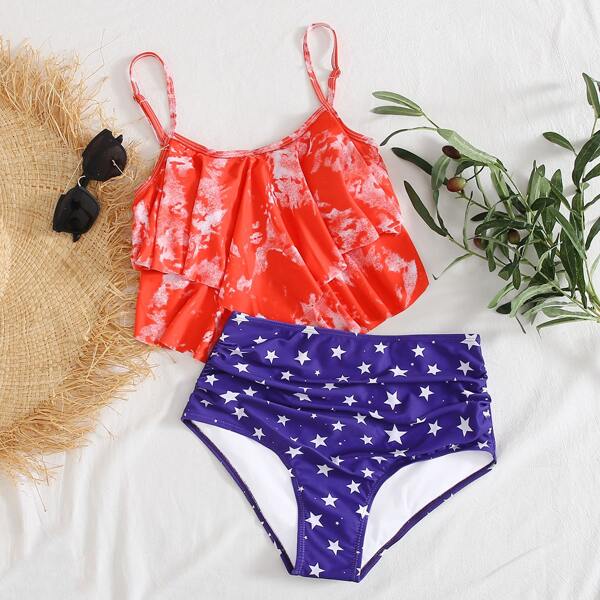 

Tie Dye & Star Print Hanky Hem Bikini Swimsuit, Multicolor